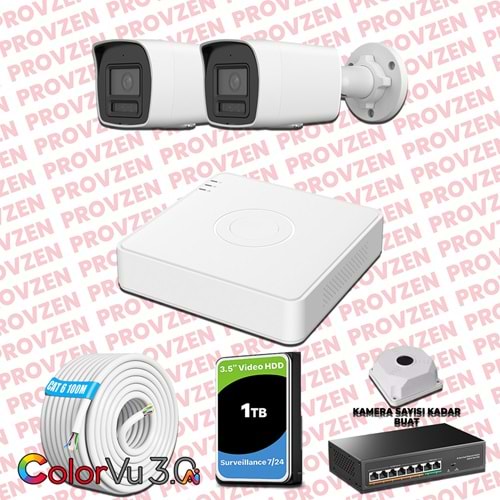 Provzen Hikvision 2 Kameralı 4MP IP ColorVu 3.0 Güvenlik Sistemi AI İnsan Araç Algılama Mikrofon ve Işıklı Alarm