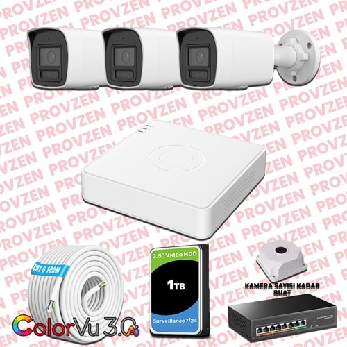Provzen Hikvision 3 Kameralı 4MP IP ColorVu 3.0 Güvenlik Sistemi AI İnsan Araç Algılama Mikrofon ve Işıklı Alarm