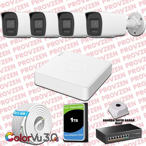 Provzen Hikvision 4 Kameralı 4MP IP ColorVu 3.0 Güvenlik Sistemi AI İnsan Araç Algılama Mikrofon ve Işıklı Alarm