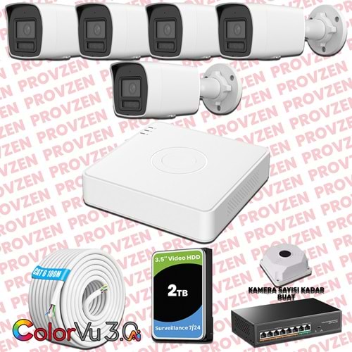 Provzen Hikvision 5 Kameralı 4MP IP ColorVu 3.0 Güvenlik Sistemi AI İnsan Araç Algılama Mikrofon ve Işıklı Alarm