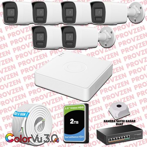 Provzen Hikvision 6 Kameralı 4MP IP ColorVu 3.0 Güvenlik Sistemi AI İnsan Araç Algılama Mikrofon ve Işıklı Alarm