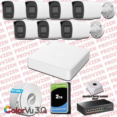 Provzen Hikvision 7 Kameralı 4MP IP ColorVu 3.0 Güvenlik Sistemi AI İnsan Araç Algılama Mikrofon ve Işıklı Alarm