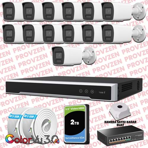 Provzen Hikvision 13 Kameralı 4MP IP ColorVu 3.0 Güvenlik Sistemi AI İnsan Araç Algılama Mikrofon ve Işıklı Alarm