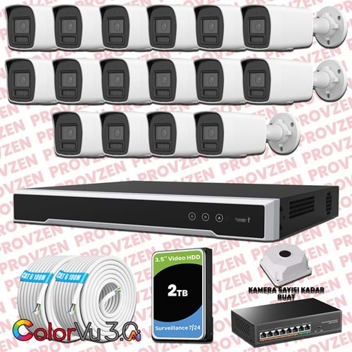 Provzen Hikvision 16 Kameralı 4MP IP ColorVu 3.0 Güvenlik Sistemi AI İnsan Araç Algılama Mikrofon ve Işıklı Alarm