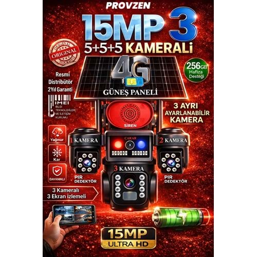 4 Kameralı Çift Solarlı 4G Güneş Enerjili PTZ Güvenlik Kamerası 15MP 4 Lens PIR İnsan Algılama IP66