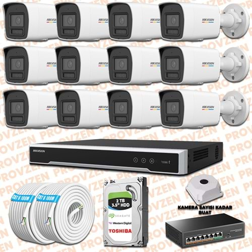 PROVZEN HIKVISION 12 İP GÜVENLİK KAMERASI SETİ 4MP COLORVU HİBRİT