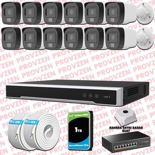 Provzen Hikvision 12 Kameralı IP Set Renkli Gece Görüşlü Mikrofonlu 2MP