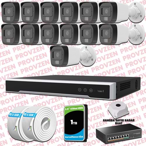 Provzen Hikvision 13 Kameralı IP Set Renkli Gece Görüşlü Mikrofonlu 2MP