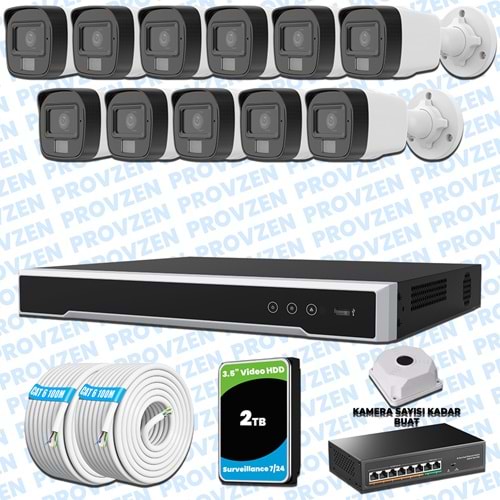 Provzen Hikvision 11’li İP 4MP Güvenlik Kamerası Seti Colorvu Mikrofonlu Olay Anında Bildirim