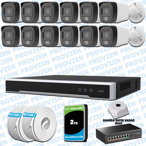 Provzen Hikvision 12’li İP 4MP Güvenlik Kamerası Seti Colorvu Mikrofonlu Olay Anında Bildirim