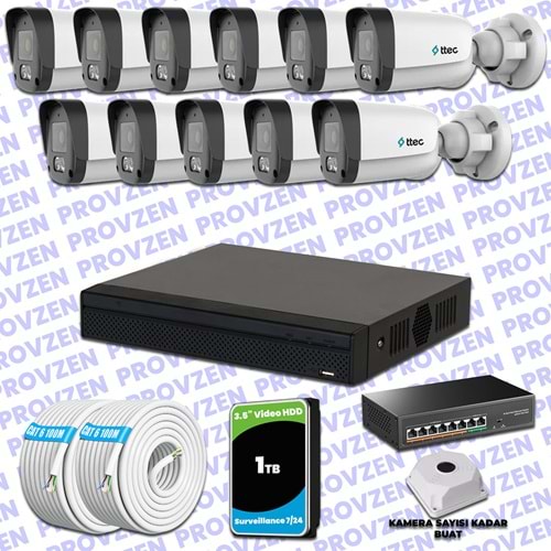 Provzen TTec Hikvision 11 Kameralı IP Full HD Mikrofonlu Güvenlik Kamerası
