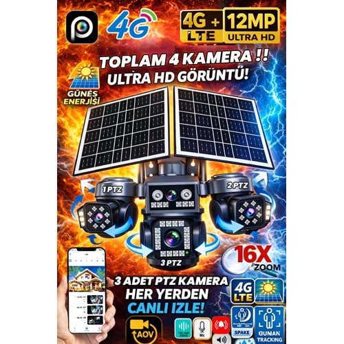 Provzen FX-A446 4 Kameralı (3 PTZ + 1 Sabit) 12MP 4G SIM Kartlı Güneş Enerjili Akıllı Güvenlik Kamerası | Full Color Gece Görüş + AOV Kayıt