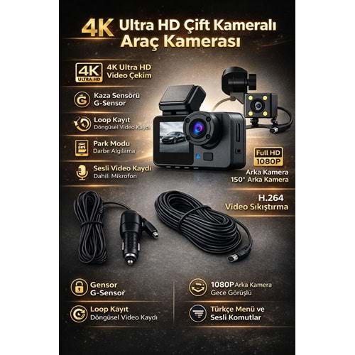 Provzen FX-A232W Çift Kameralı Araç Kamerası | Full HD Ön + Arka Kamera, G-Sensör, Gece Görüş, Döngüsel Kayıt