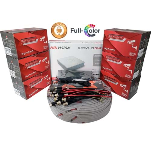 Hikvision 6'lı Full HD Güvenlik Kamerası Seti Mikrofonlu, Renkli Gece Görüşlü, Olay Anında Bildirim