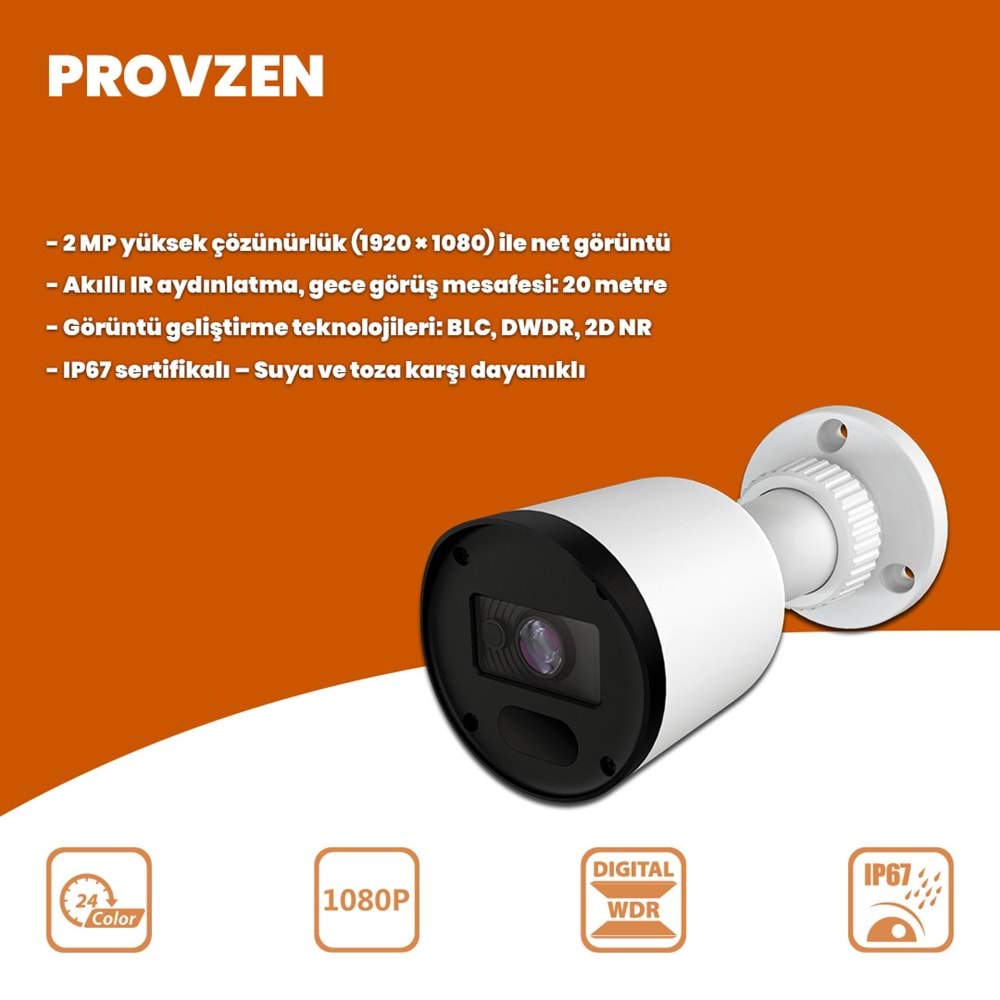 Provzen RV Hikvision 4 Kameralı Full HD 20mt Gece Görüşlü Güvenlik Kamerası Olay Anında bildirim