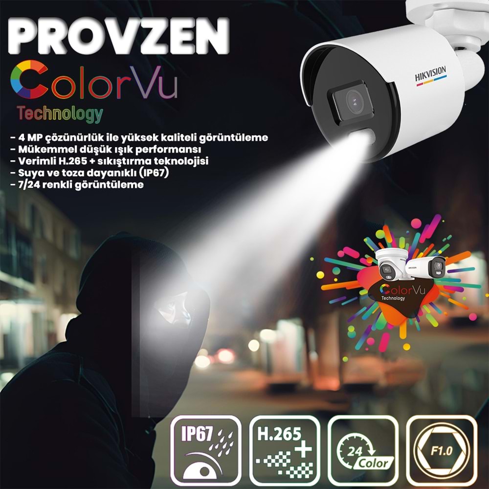 Provzen Hikvision 10 IP 4MP ColorVu Mikrofonlu Güvenlik Kamerası Olay Anında bildirim