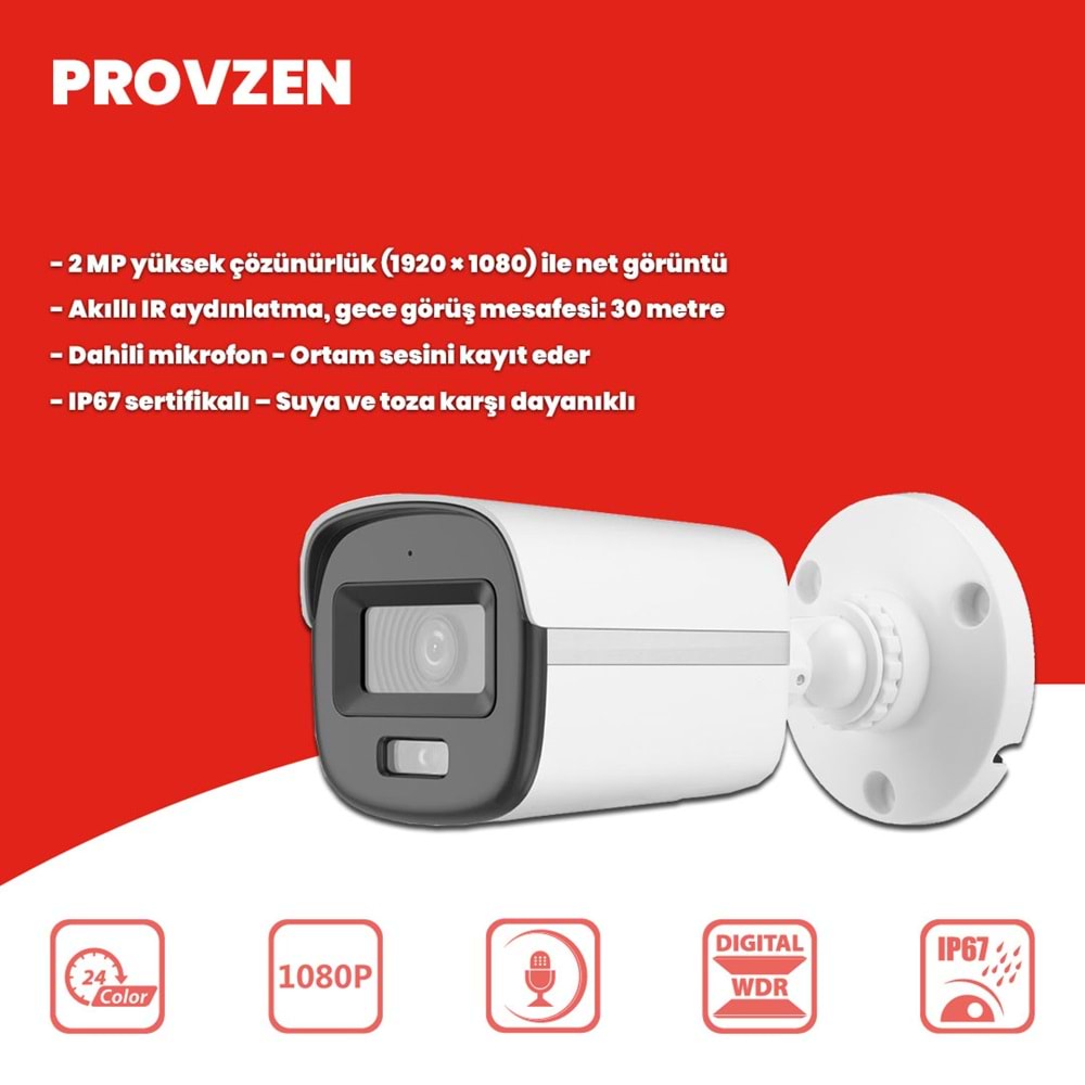 Provzen Hikvision 6'lı Full HD Güvenlik Kamerası Set 7/24 Renkli, Mikrofonlu, Olay Anında Bildirim