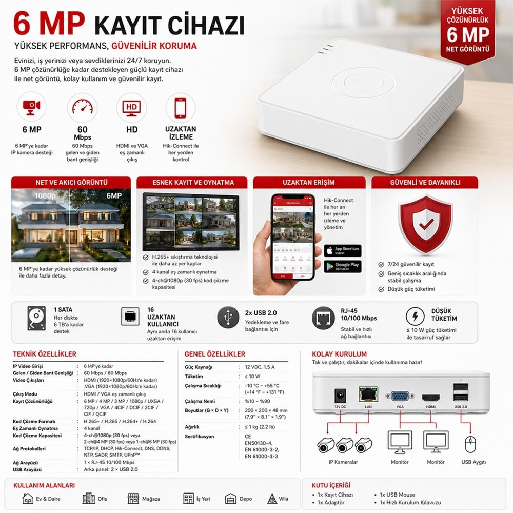 Provzen Hikvision 7 Kameralı 6MP IP ColorVu 3.0 Güvenlik Sistemi AI İnsan Araç Algılama Çift Yönlü Ses ve Işıklı Alarm
