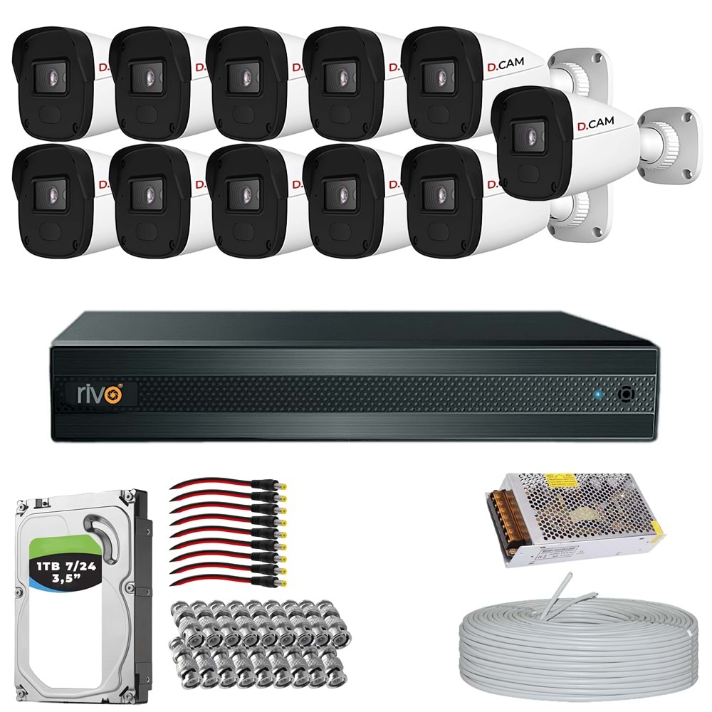 RİVO Dcam 11 Kameralı 40 Metre Gece Görüşlü Set 1TB 7/24 Hdd