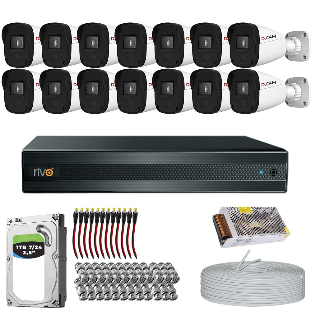 RİVO Dcam 14 Kameralı 40 Metre Gece Görüşlü Set 1TB 7/24 Hdd
