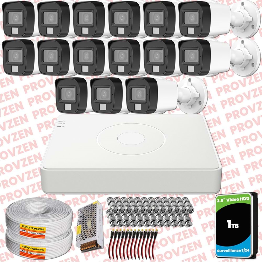 Provzen Hikvision 15 Kamera Hibrit ColorVu Full HD Güvenlik Kamera