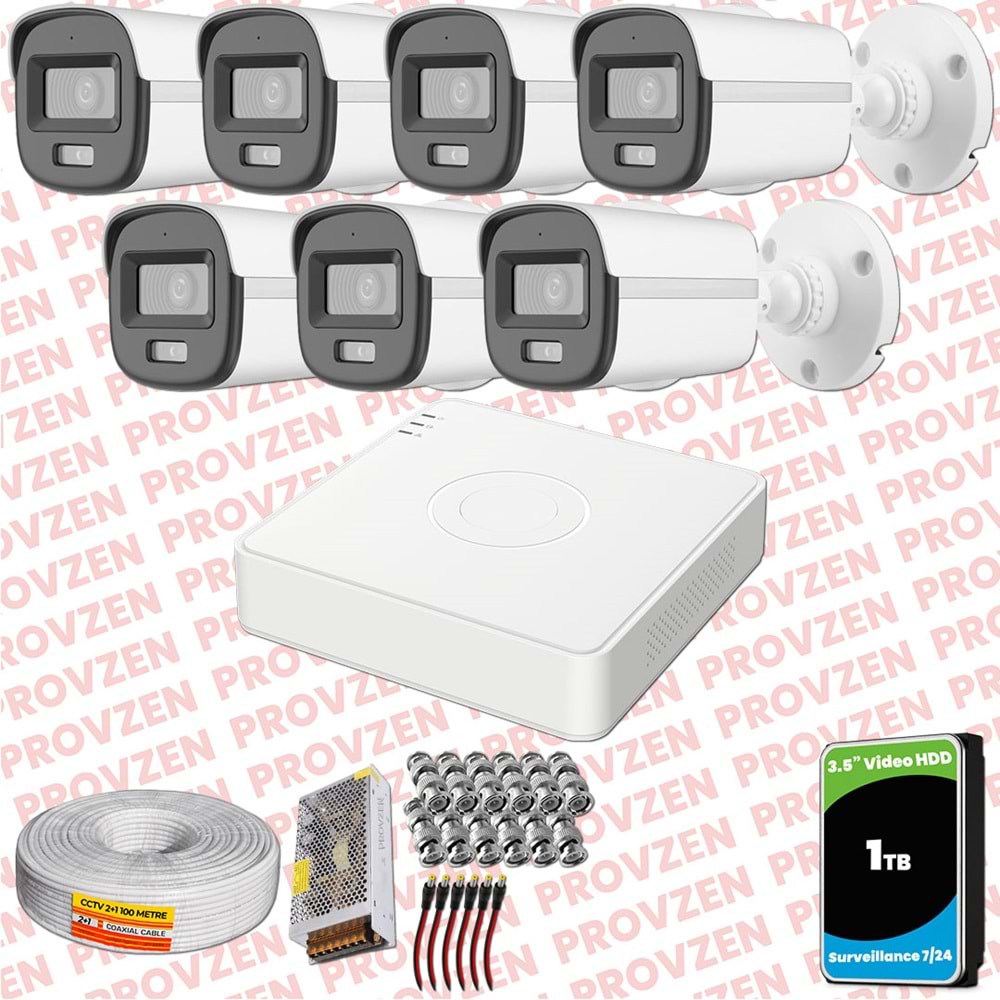 Provzen Hikvision ColorVu Full HD 7 Kameralı Gece Renkli Güvenlik Kamerası