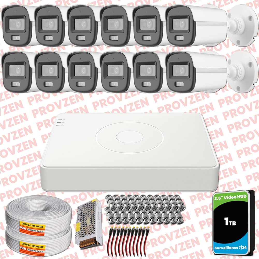 Provzen Hikvision ColorVu Full HD 12 Kameralı Gece Renkli Güvenlik Kamerası