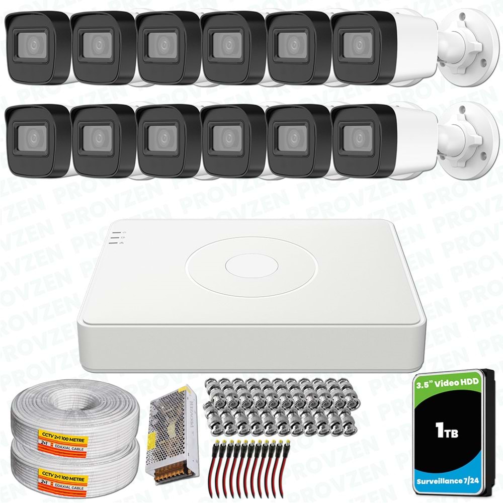 Provzen Hikvision 12 Kameralı Full HD Geniş Açı Güvenlik Kamerası 1TB