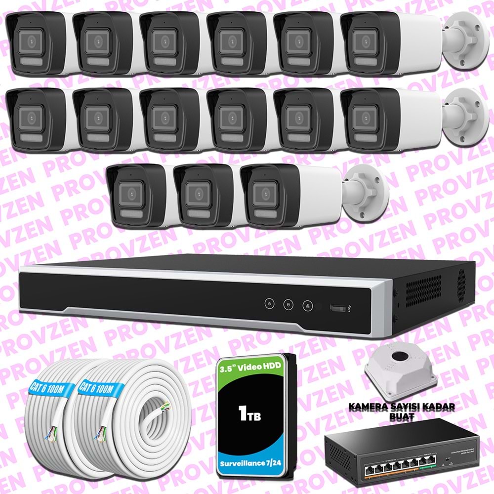 Provzen Hikvision 15 Kameralı IP 1080P ColorVu Güvenlik Kamerası Mikrofonlu