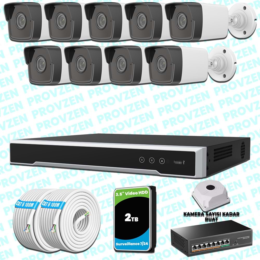 Provzen Hikvision 9 IP Kameralı 4MP 1440P Mikrofonlu Güvenlik Kamerası