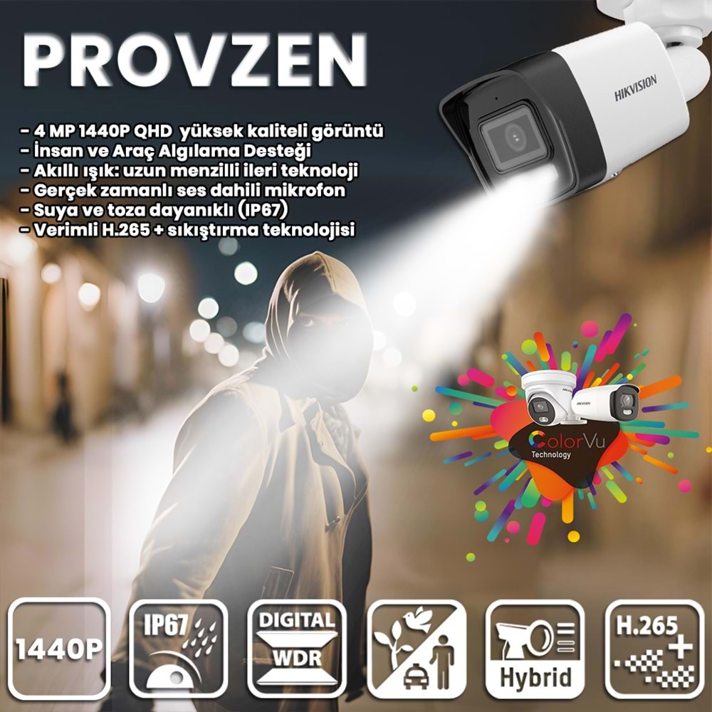 Provzen Hikvision 4 İp Kameralı 4mp Hibrit Colorvu Kamera Seti