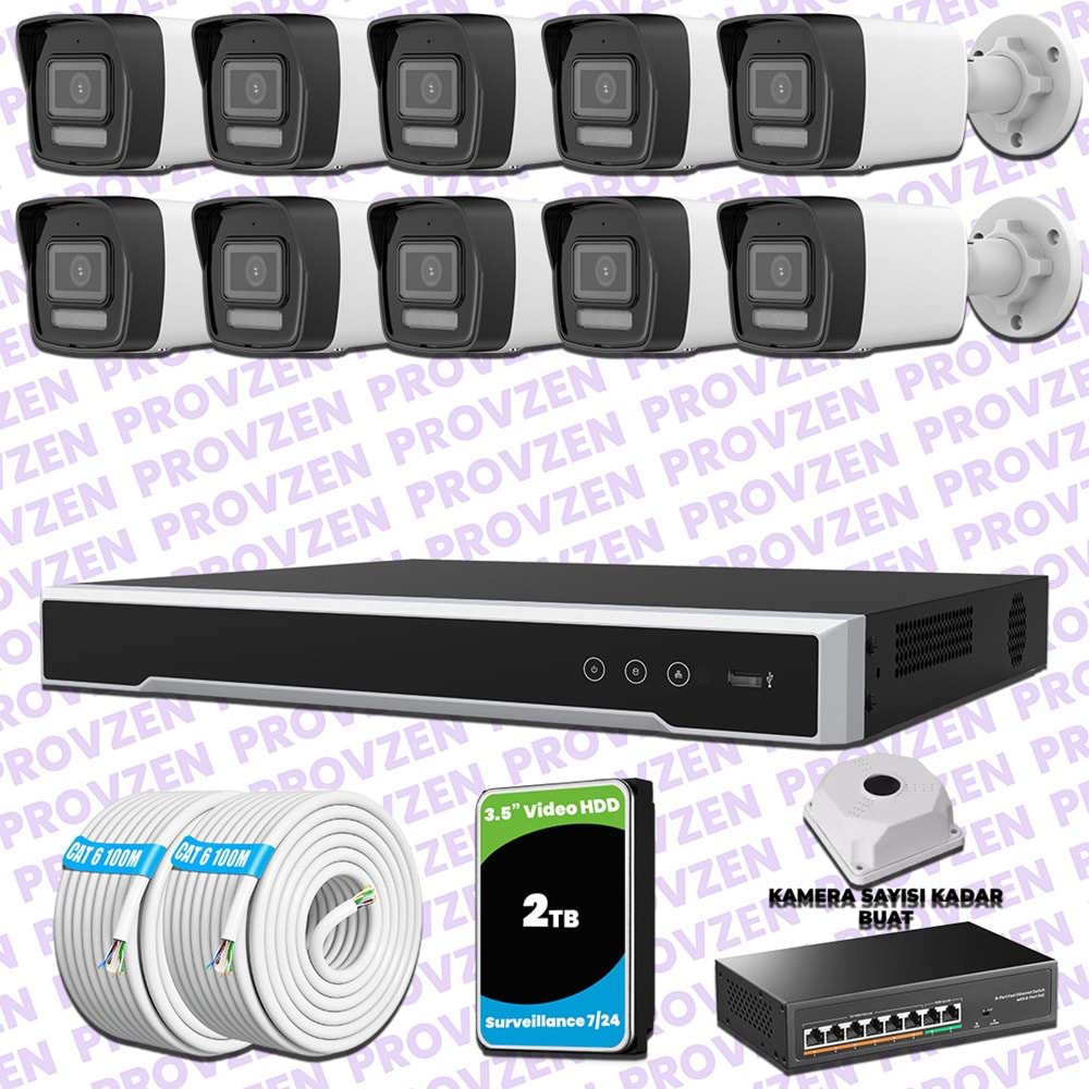 Provzen Hikvision 10 IP 4MP Hibrit ColorVu Güvenlik Kamerası Seti