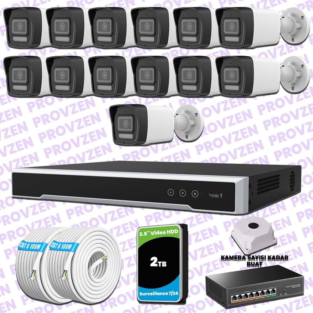 Provzen Hikvision 13 IP 4MP Hibrit ColorVu Güvenlik Kamerası Seti