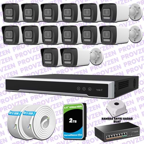 Provzen Hikvision 14 İp Kameralı 4mp Hibrit Colorvu Kamera Seti