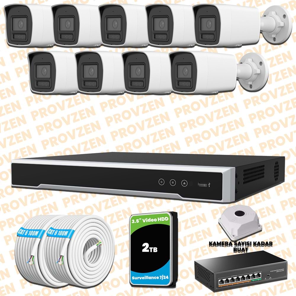 Provzen Hikvision 9 Kameralı 4MP IP Hibrit ColorVu Güvenlik Kamerası