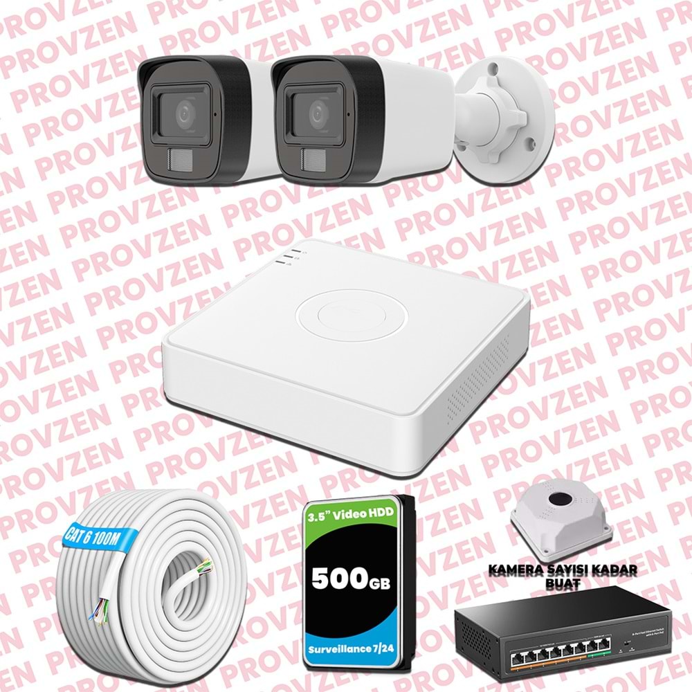 Provzen Hikvision 2 Kameralı IP Set Renkli Gece Görüşlü Mikrofonlu 2MP