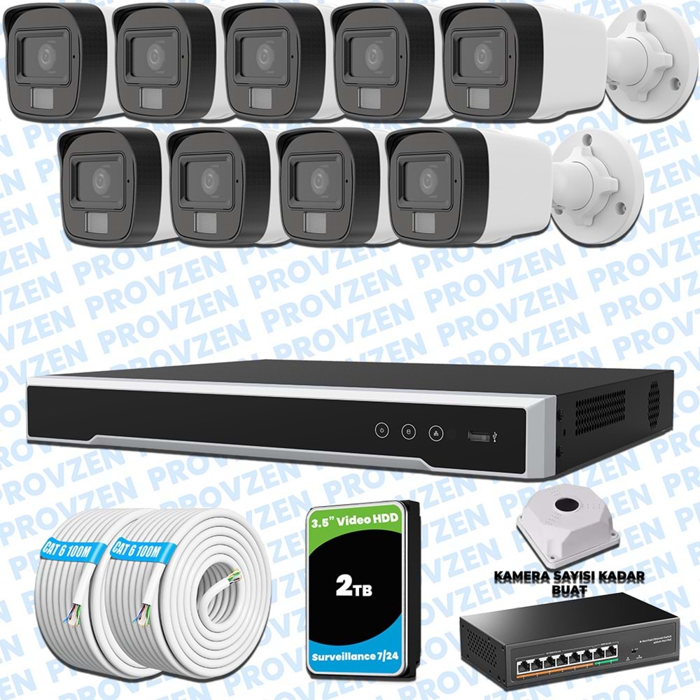 Provzen Hikvision 9’lu İP 4MP Güvenlik Kamerası Seti Colorvu Mikrofonlu Olay Anında Bildirim