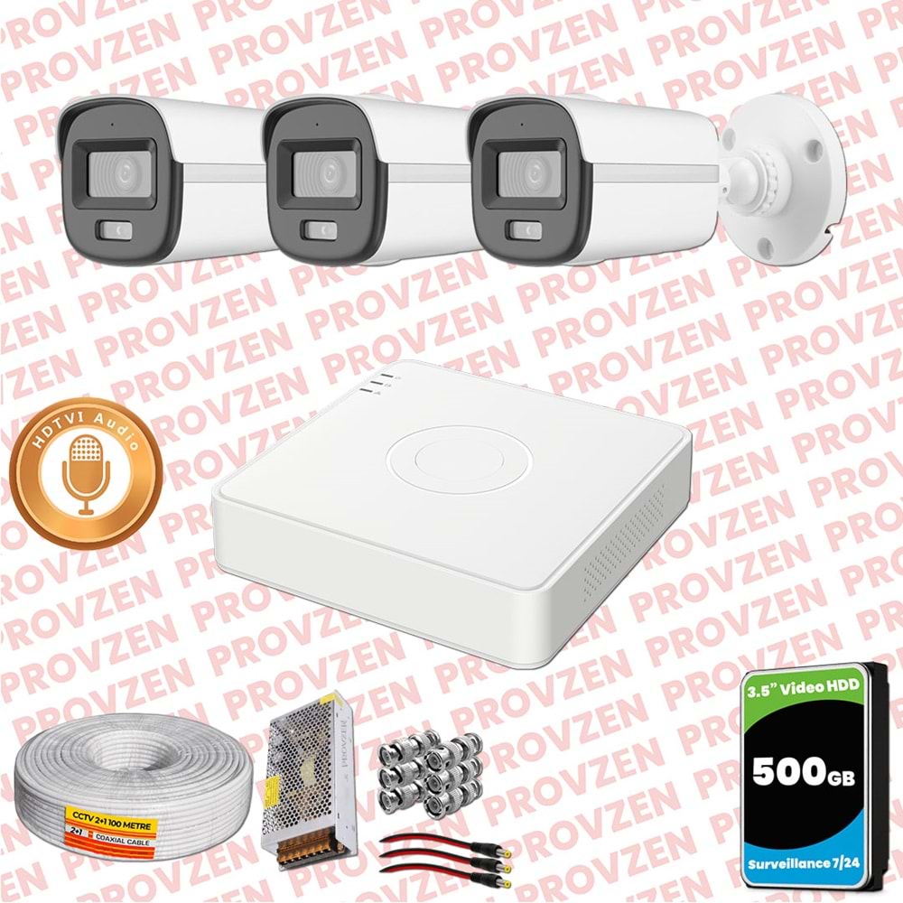 Provzen Hikvision 3'lü Full HD Güvenlik Kamerası Set 7/24 Renkli, Mikrofonlu, Olay Anında Bildirim