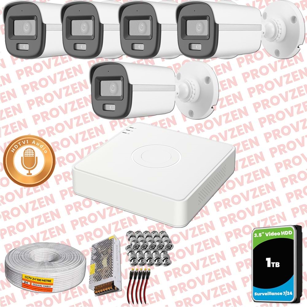 Provzen Hikvision 5'li Full HD Güvenlik Kamerası Set 7/24 Renkli, Mikrofonlu, Olay Anında Bildirim