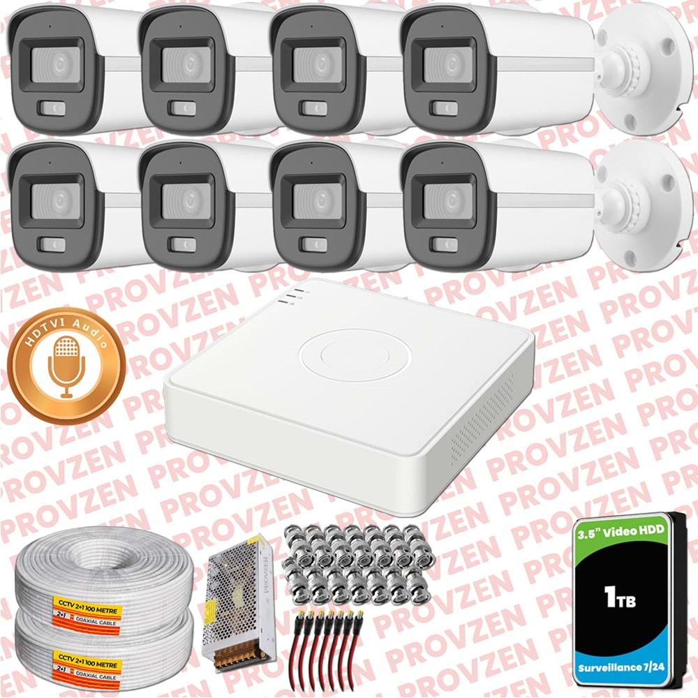 Provzen Hikvision 8'li Full HD Güvenlik Kamerası Set 7/24 Renkli, Mikrofonlu, Olay Anında Bildirim