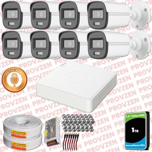 Provzen Hikvision 8'li Full HD Güvenlik Kamerası Set 7/24 Renkli, Mikrofonlu, Olay Anında Bildirim