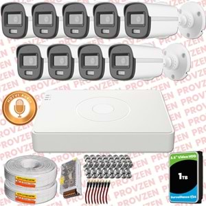 Provzen Hikvision 9'lu Full HD Güvenlik Kamerası Set 7/24 Renkli, Mikrofonlu, Olay Anında Bildirim