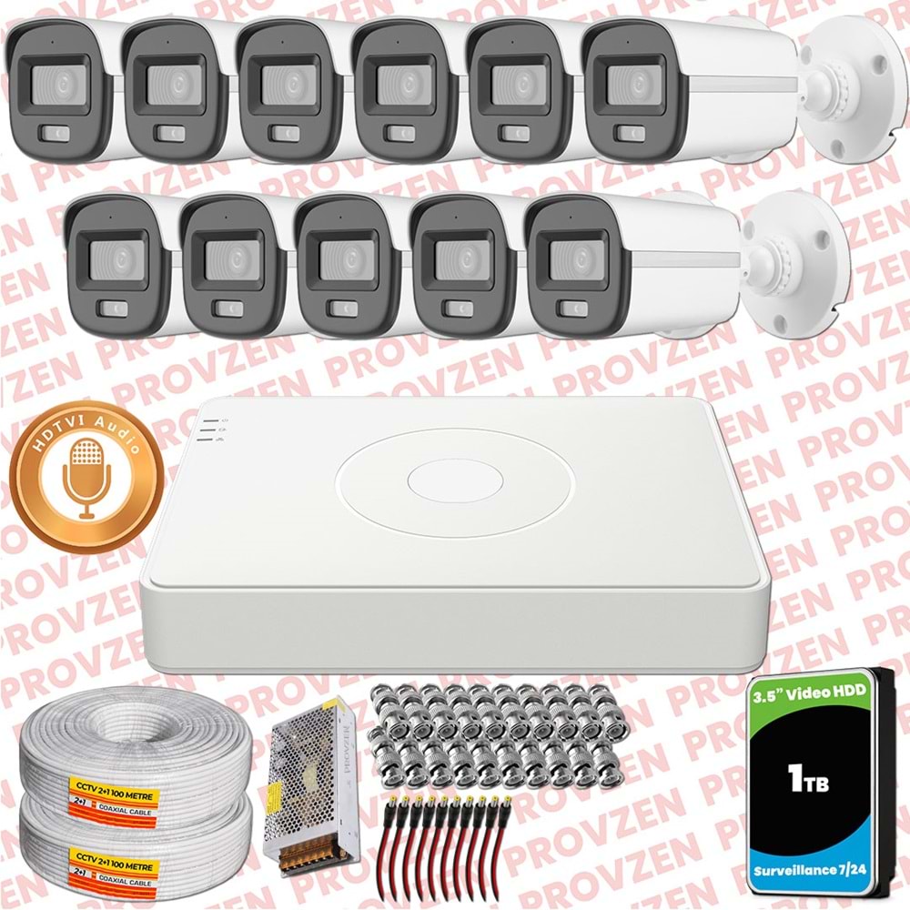 Provzen Hikvision 11'li Full HD Güvenlik Kamerası Set 7/24 Renkli, Mikrofonlu, Olay Anında Bildirim
