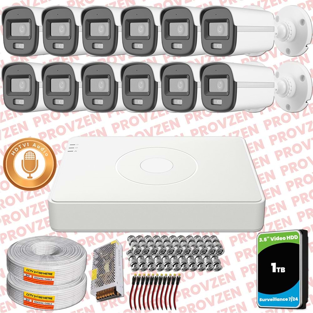 Provzen Hikvision 12'li Full HD Güvenlik Kamerası Set 7/24 Renkli, Mikrofonlu, Olay Anında Bildirim