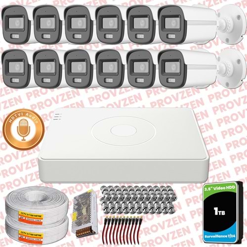 Provzen Hikvision 12'li Full HD Güvenlik Kamerası Set 7/24 Renkli, Mikrofonlu, Olay Anında Bildirim