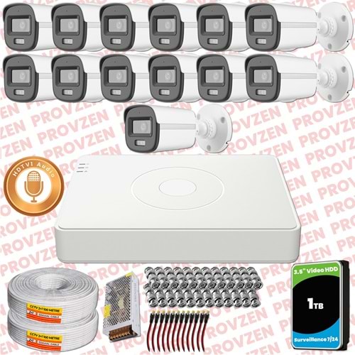 Provzen Hikvision 13'lü Full HD Güvenlik Kamerası Set 7/24 Renkli, Mikrofonlu, Olay Anında Bildirim