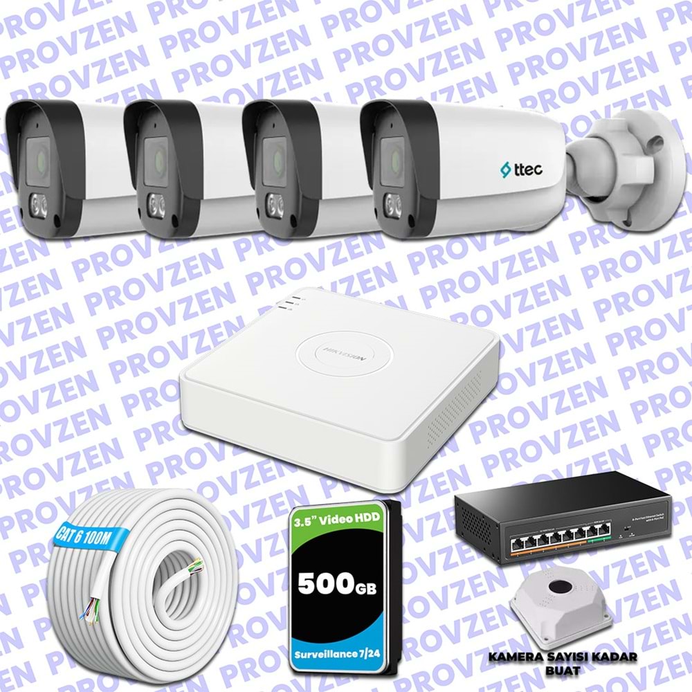 Provzen TTec Hikvision 4 Kameralı IP Full HD Mikrofonlu Güvenlik Kamerası