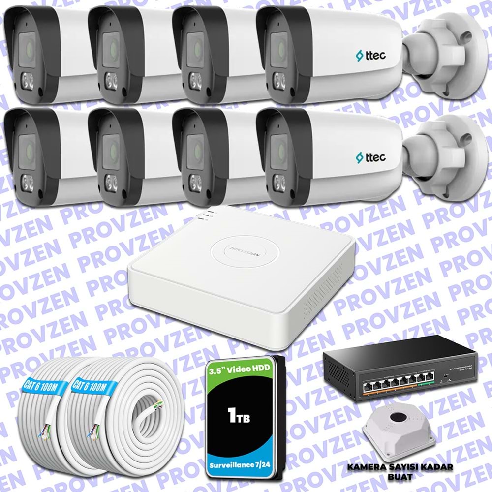 Provzen TTec Hikvision 8 Kameralı IP Full HD Mikrofonlu Güvenlik Kamerası