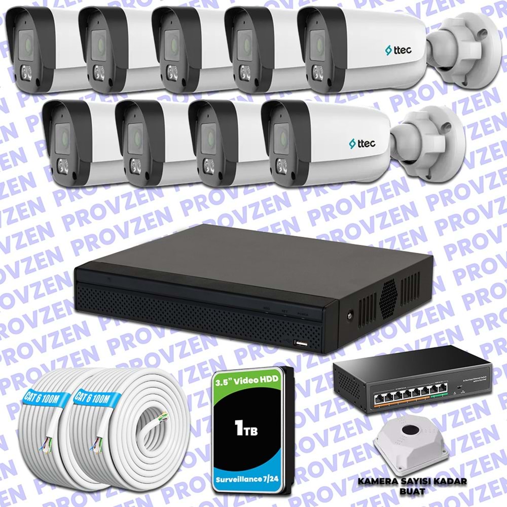 Provzen TTec Hikvision 9 Kameralı IP Full HD Mikrofonlu Güvenlik Kamerası