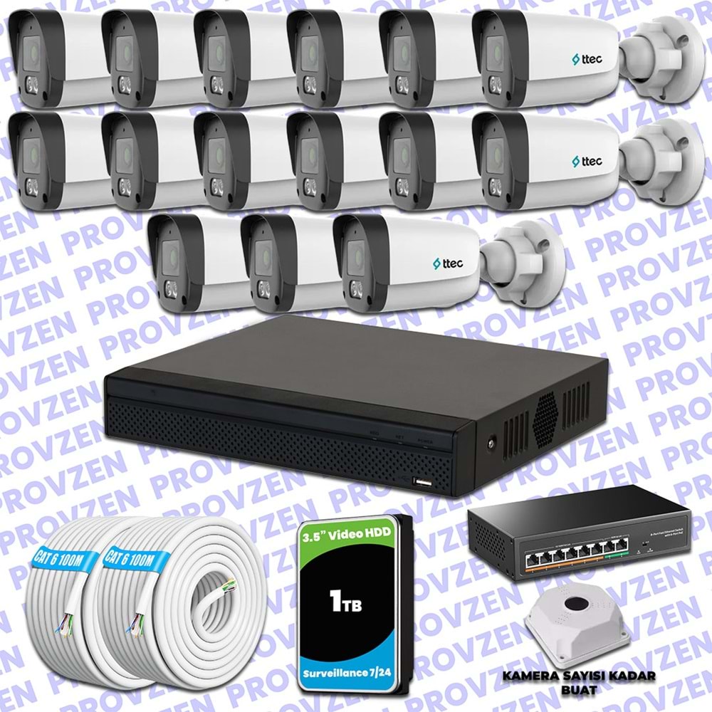 Provzen TTec Hikvision 15 Kameralı IP Full HD Mikrofonlu Güvenlik Kamerası